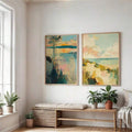 Abstract coastal wall art with ocean horizon and soft colors