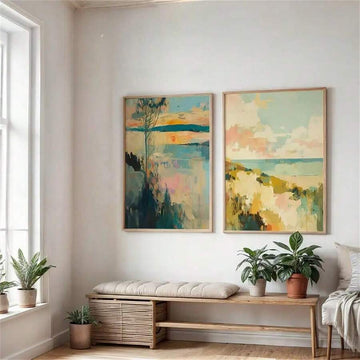 Abstract coastal wall art with ocean horizon and soft colors
