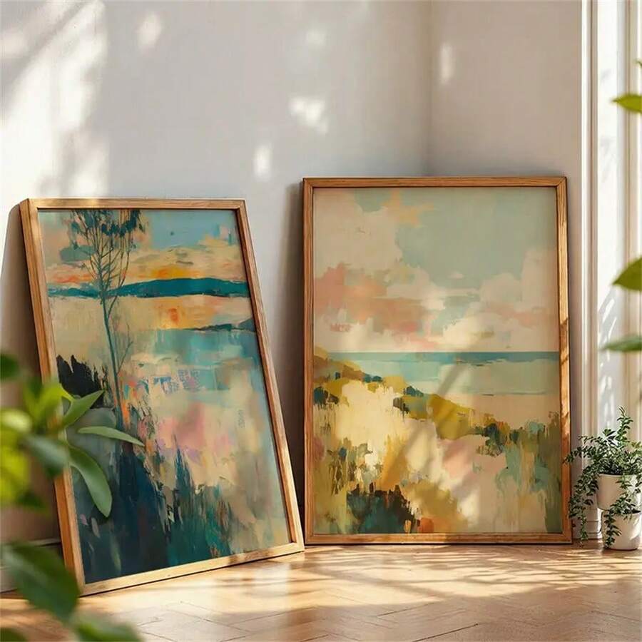Beach landscape print set with trees cliffs and sea view
