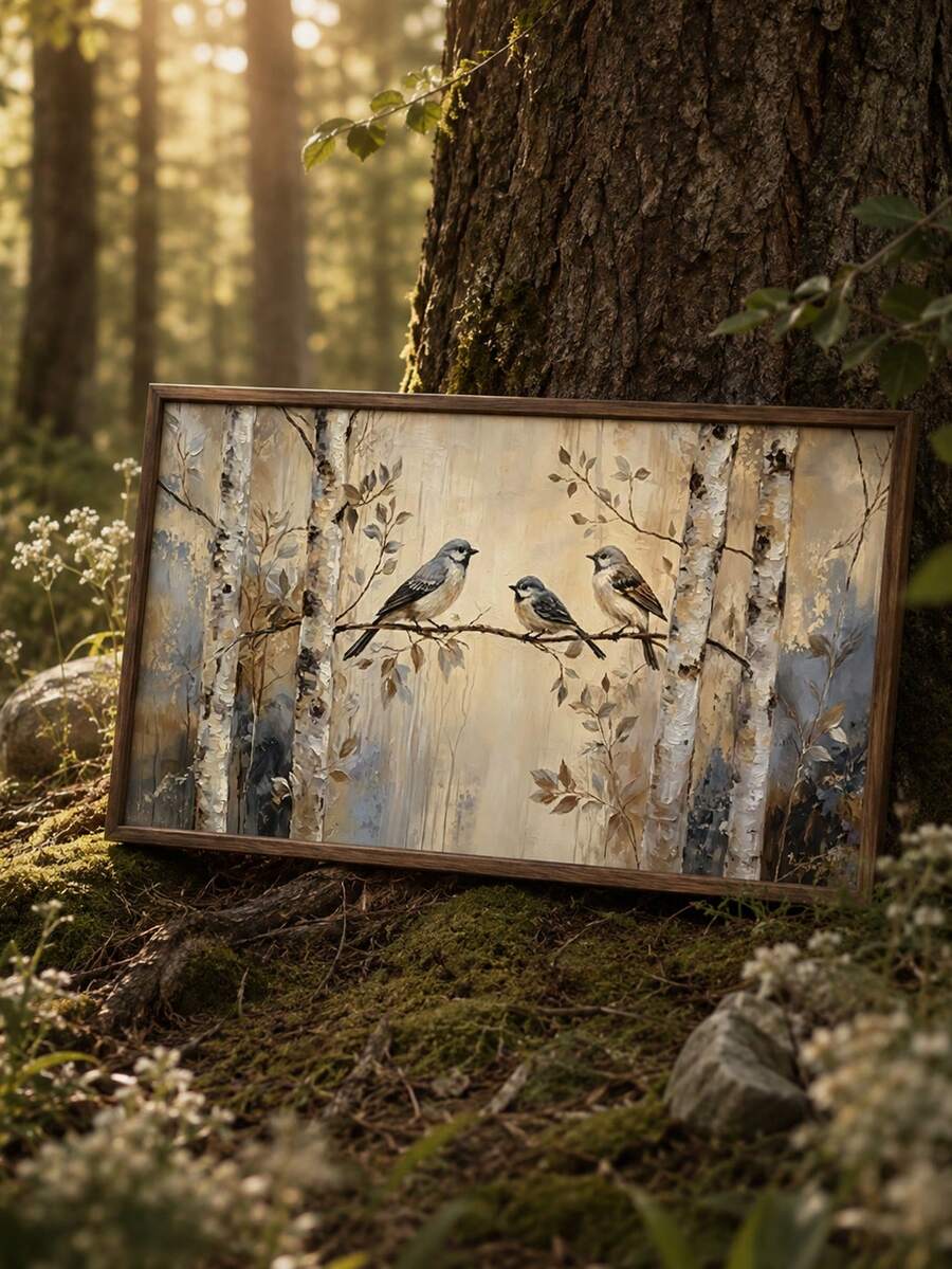 close-up artwork detail of Rustic nature canvas wall art showing three birds on a branch, birch trees, woodland foliage, warm beige neutrals and soft painterly cottage style.