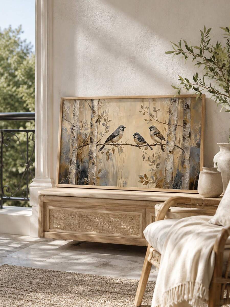 front framed view of Rustic nature canvas wall art showing three birds on a branch, birch trees, woodland foliage, warm beige neutrals and soft painterly cottage style.