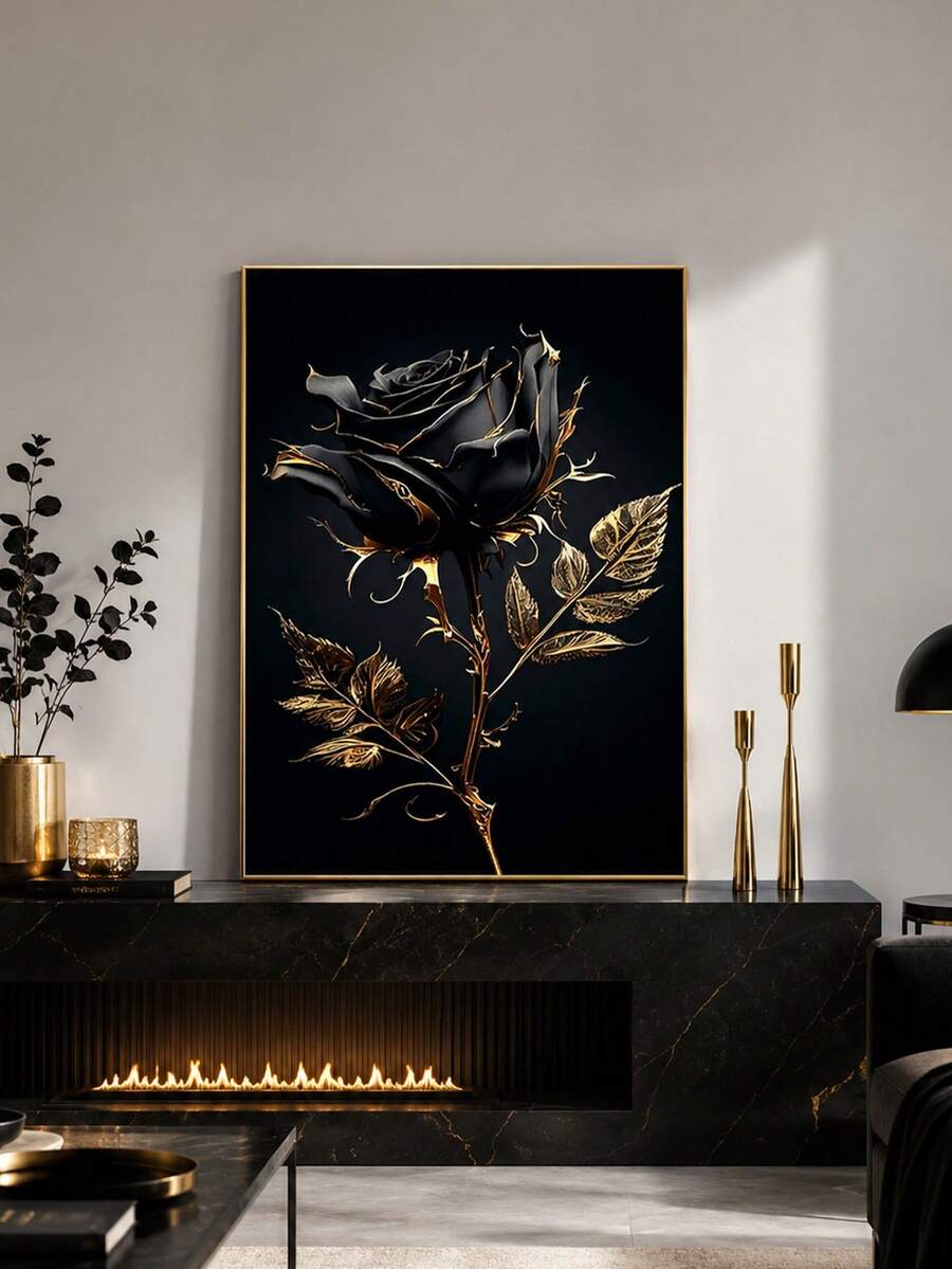 Black and gold rose wall art in slim gold frame