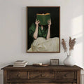 Woman reading book canvas above rustic dresser