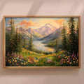 Close view wood framed alpine lake and wildflower mountain landscape wall art