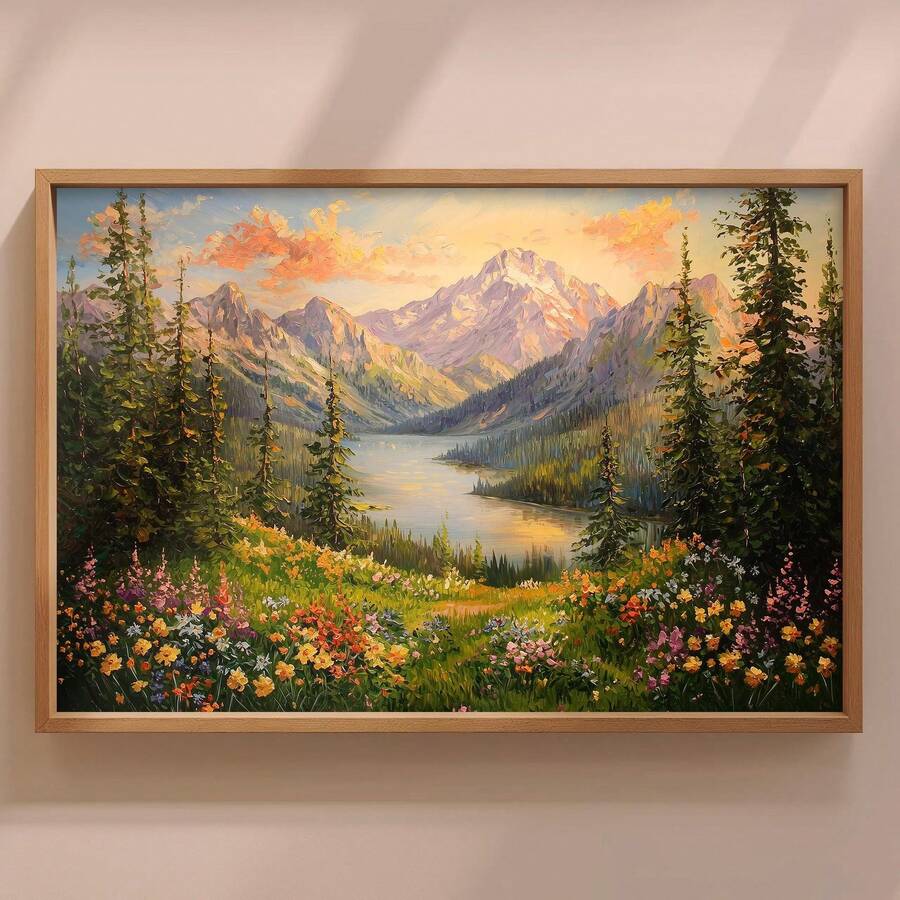 Close view wood framed alpine lake and wildflower mountain landscape wall art