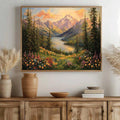 Wood framed alpine lake landscape above cabinet with neutral vases