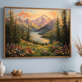 Large framed alpine lake landscape on blue wall above wood console