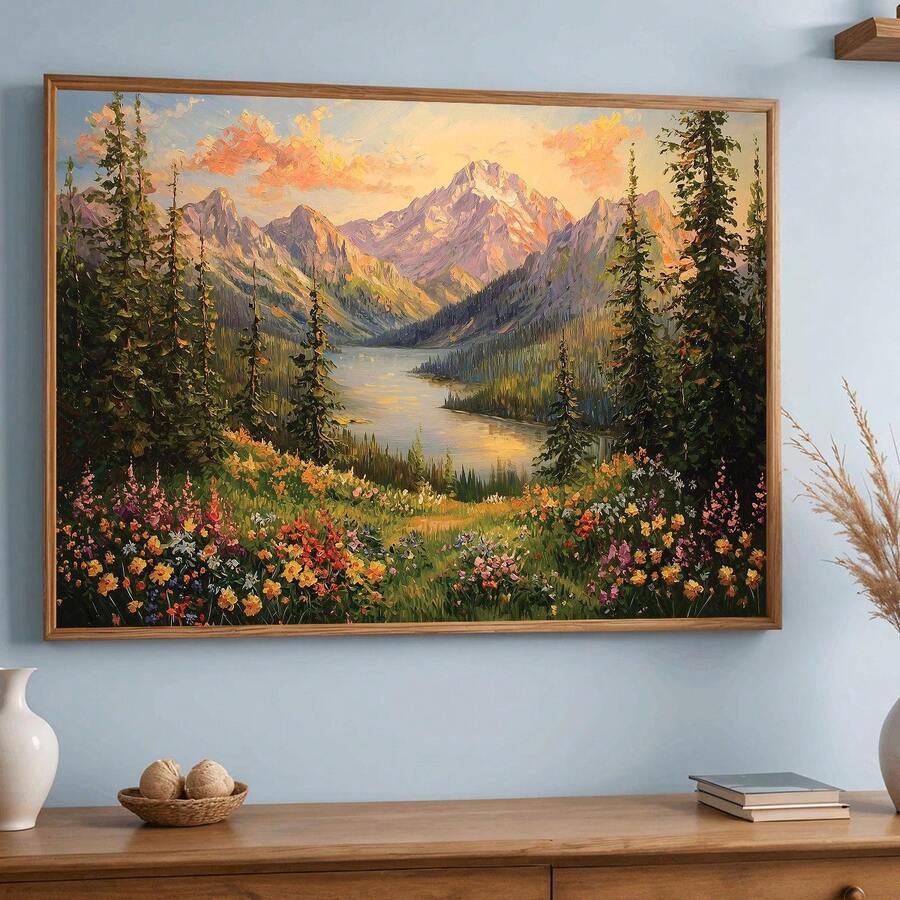 Large framed alpine lake landscape on blue wall above wood console