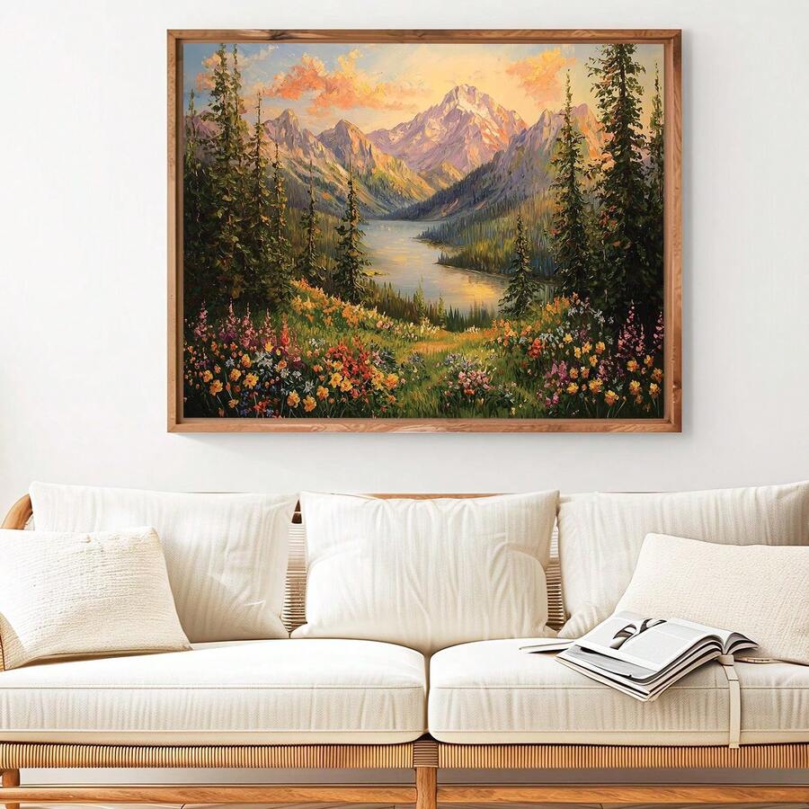 Alpine lake wall art above white sofa in bright living room