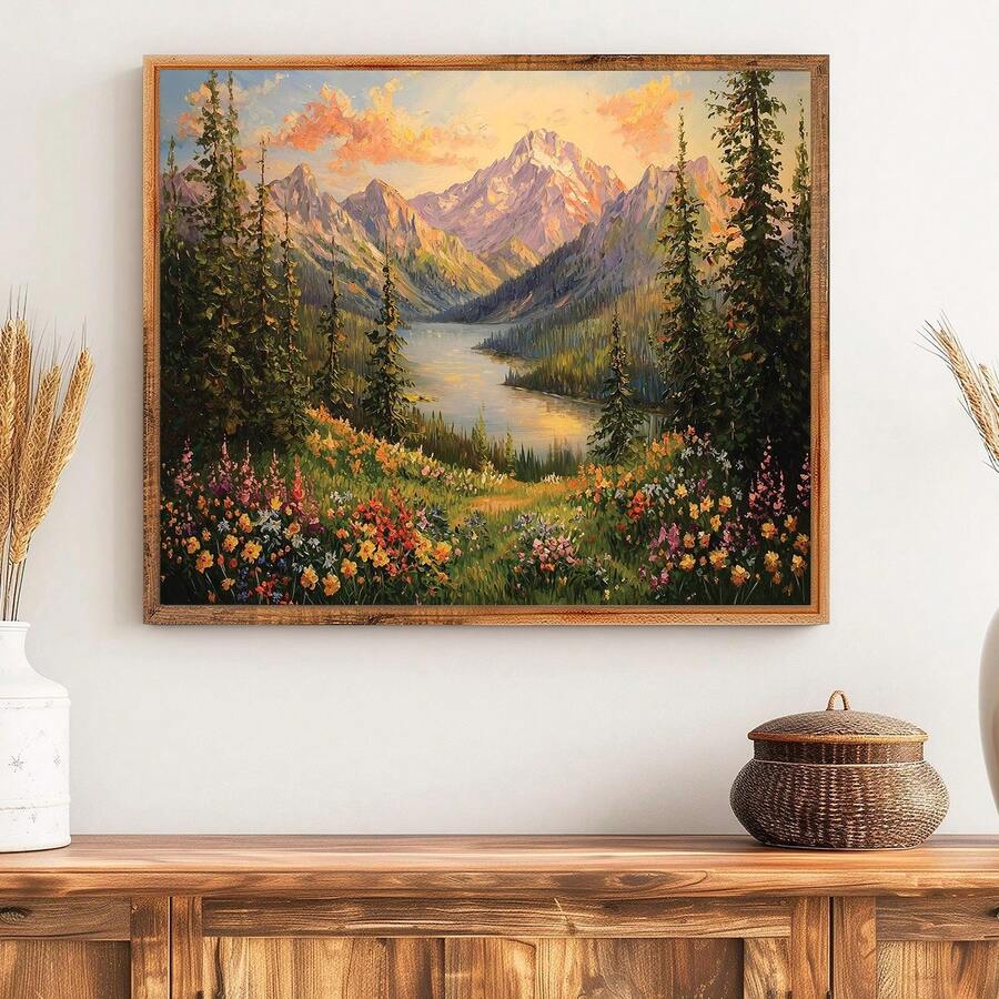 Rustic wood framed mountain lake painting above wooden console with decor
