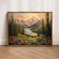 Framed mountain lake wildflower print leaning on floor against wall
