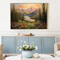 Mountain lake painting above blue sideboard in airy living room