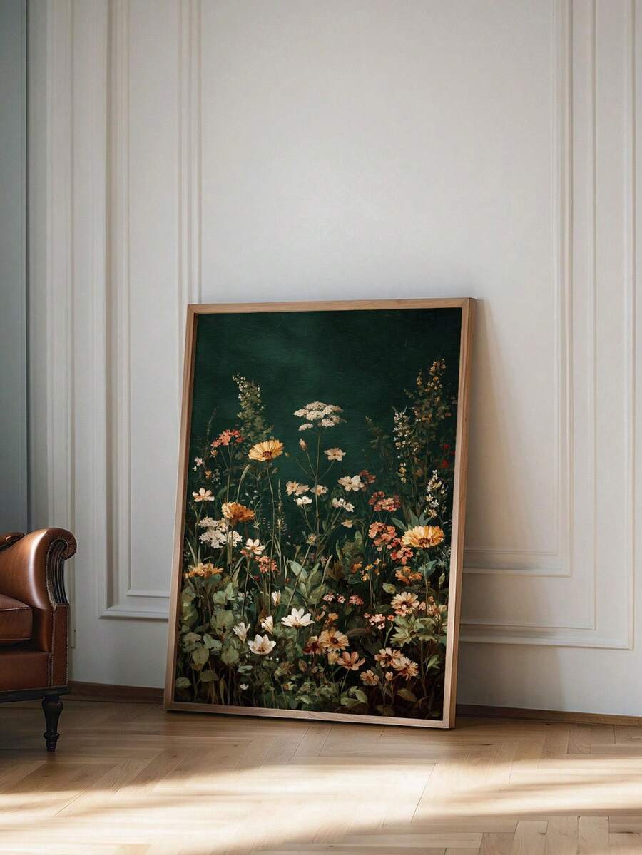 Wildflower wall art with dark green meadow flowers in vintage framed botanical print