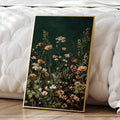 Moody floral wall art close view with dark academia colors and classic garden painting