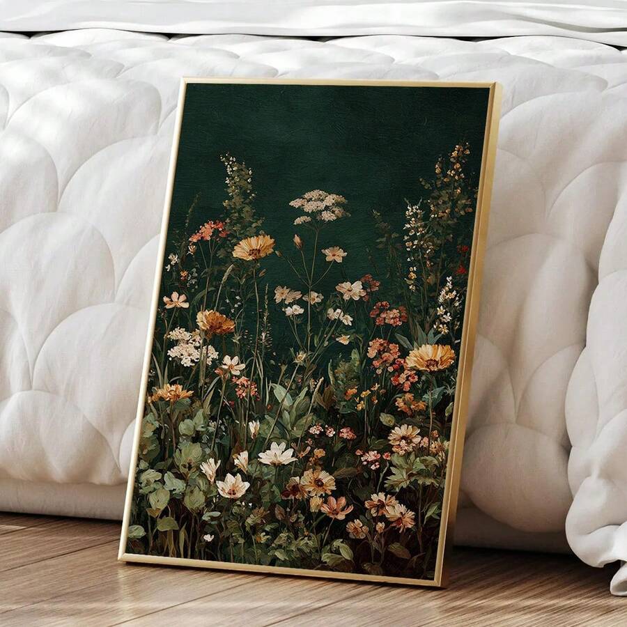 Moody floral wall art close view with dark academia colors and classic garden painting