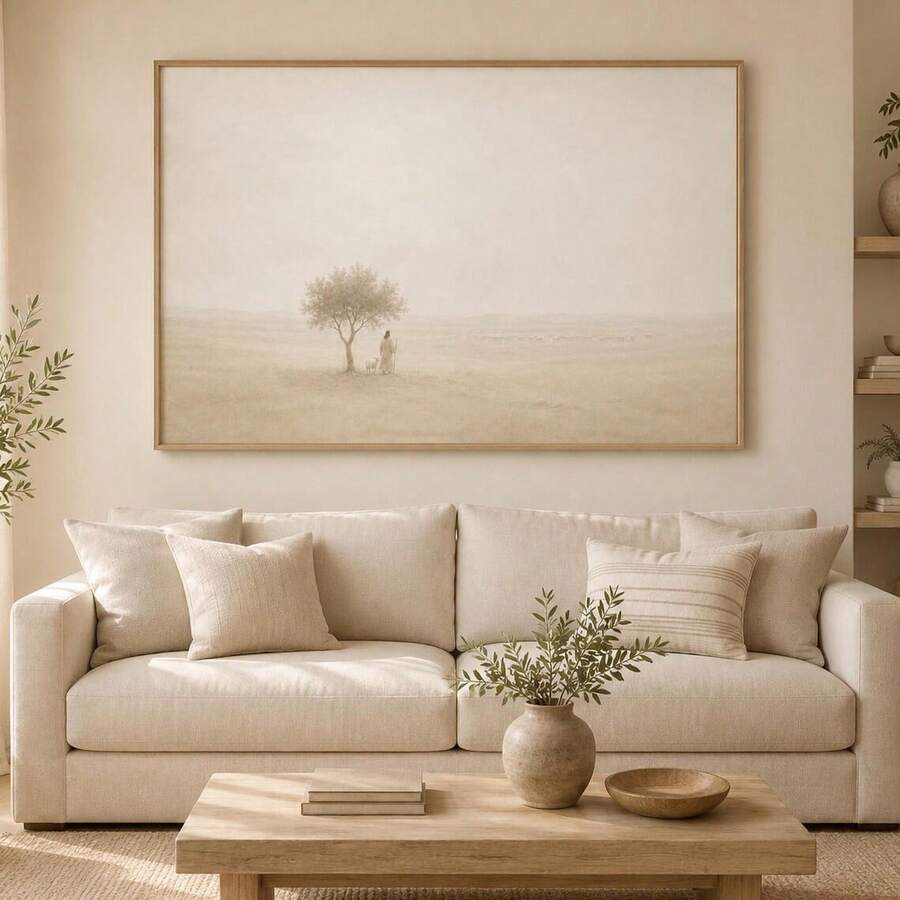 Leave The 99 wall art with Jesus shepherd and lost sheep in beige landscape