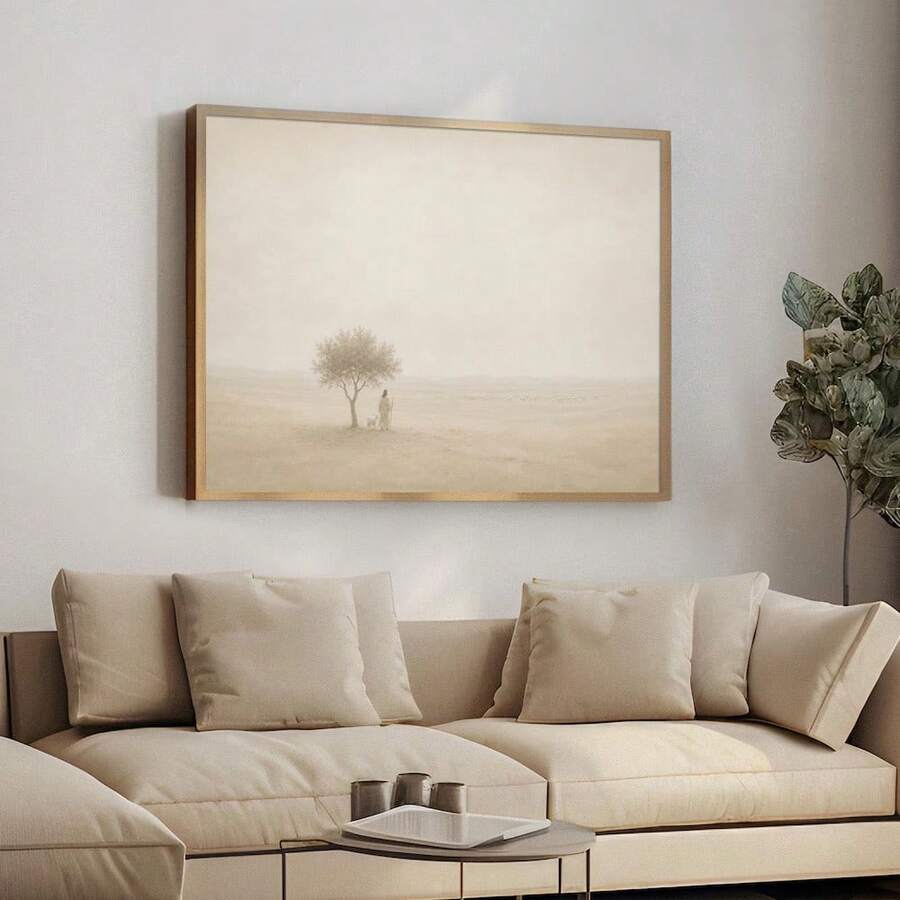 Leave The 99 wall art with Jesus shepherd and lost sheep in beige landscape