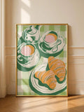Croissant print showing retro breakfast illustration in green cream orange pink and yellow