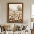 Large framed rose field landscape wall art above beige sofa in farmhouse living room