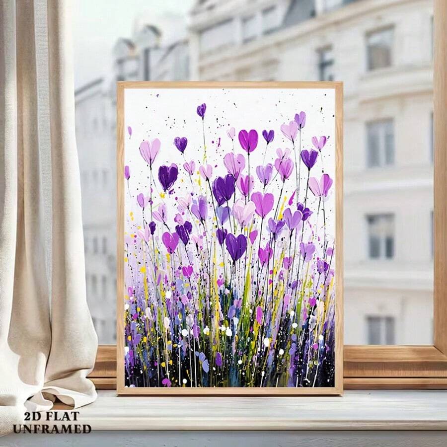 Purple heart shaped floral abstract canvas wall art poster