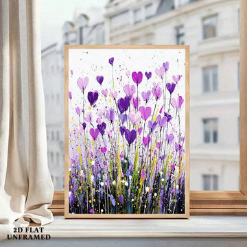 Purple heart shaped floral abstract canvas wall art poster
