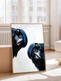 Quirky animal canvas poster with painterly cats and birds for bathroom bedroom or entryway decor