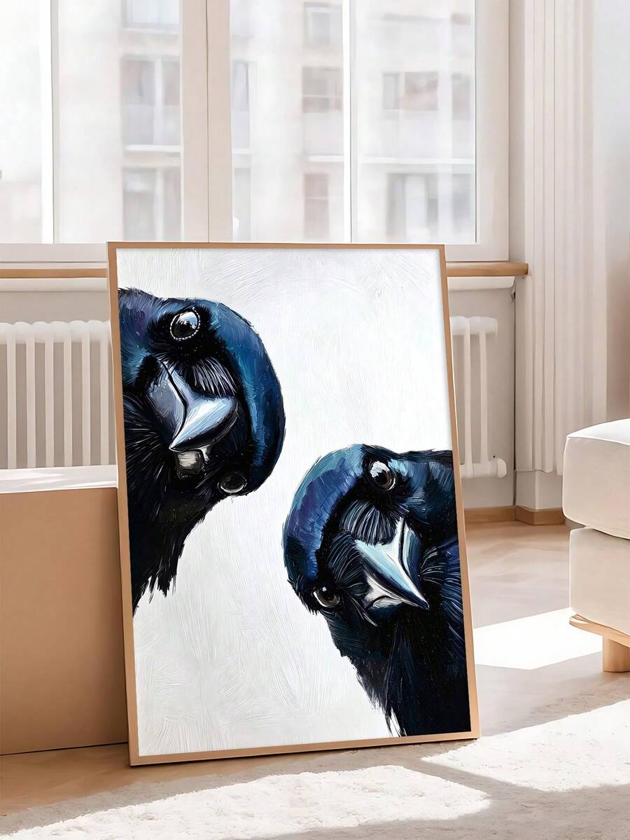 Quirky animal canvas poster with painterly cats and birds for bathroom bedroom or entryway decor