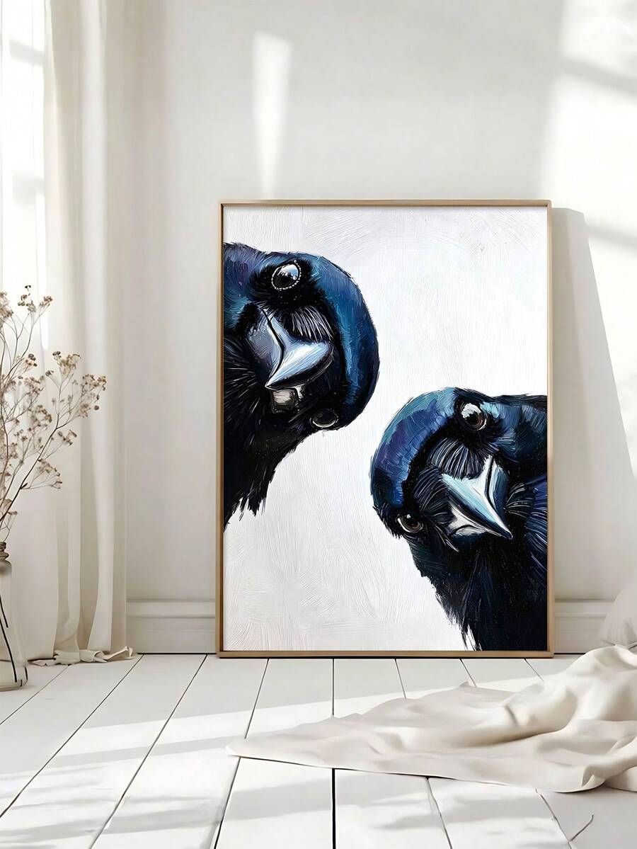 Modern framed raven print with navy black feathers teal highlights and playful eye contact
