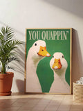 Green duck humor print leaning in bathroom
