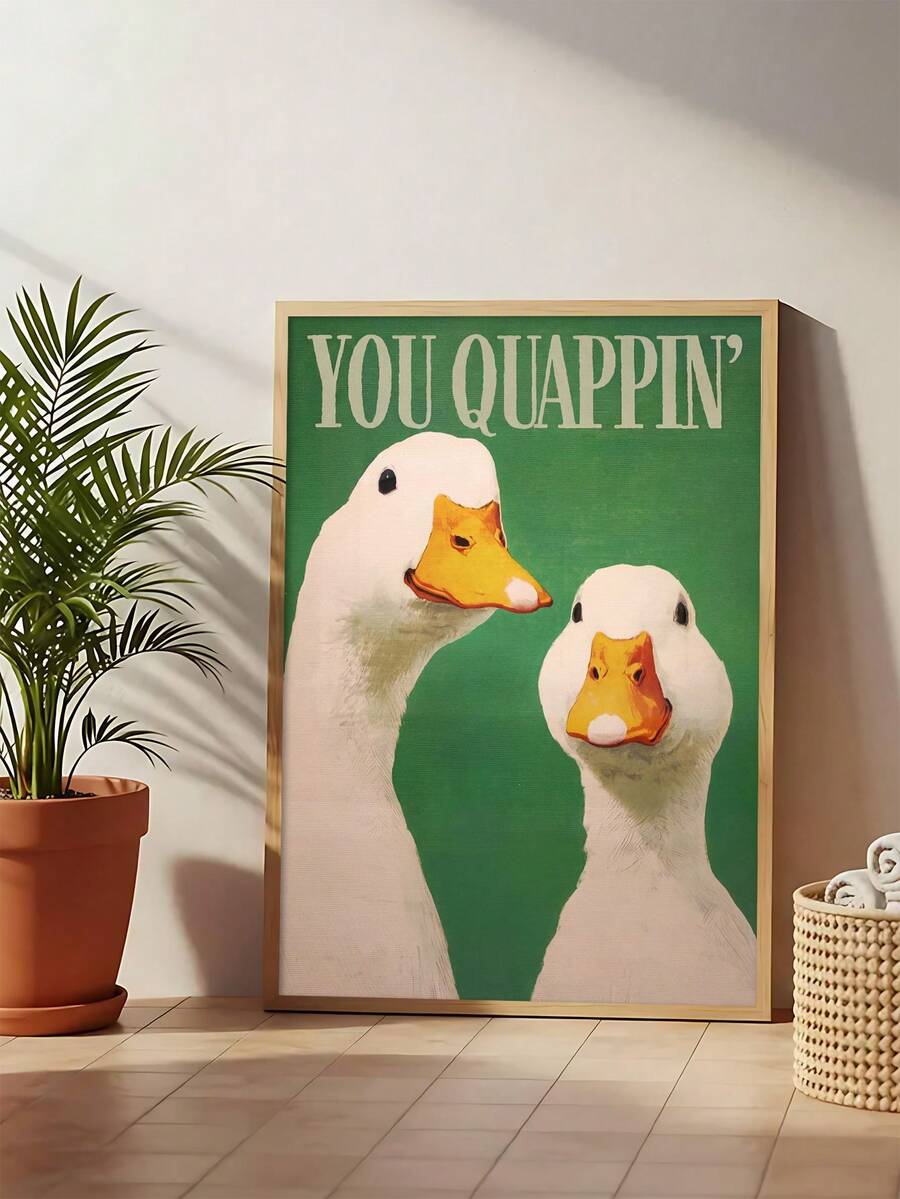 Green duck humor print leaning in bathroom
