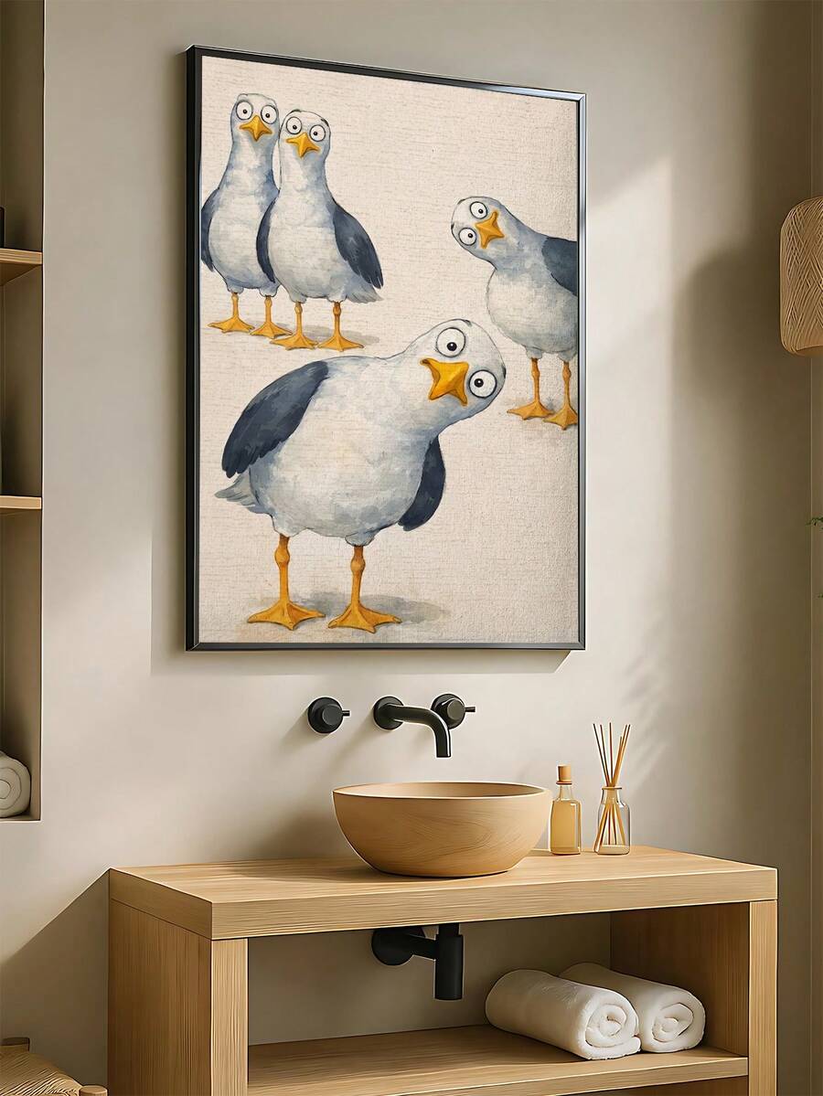 Silly coastal seagull wall art in black frame