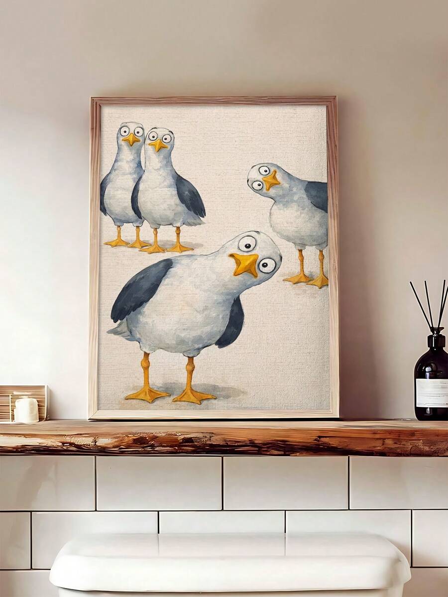 Funny seagull bathroom wall art in wood frame