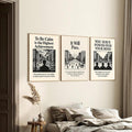 Set of three framed mindfulness wall art prints above neutral bed with calm and mindset quotes
