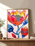 Abstract flower poster with folk floral colors for maximalist living room decor