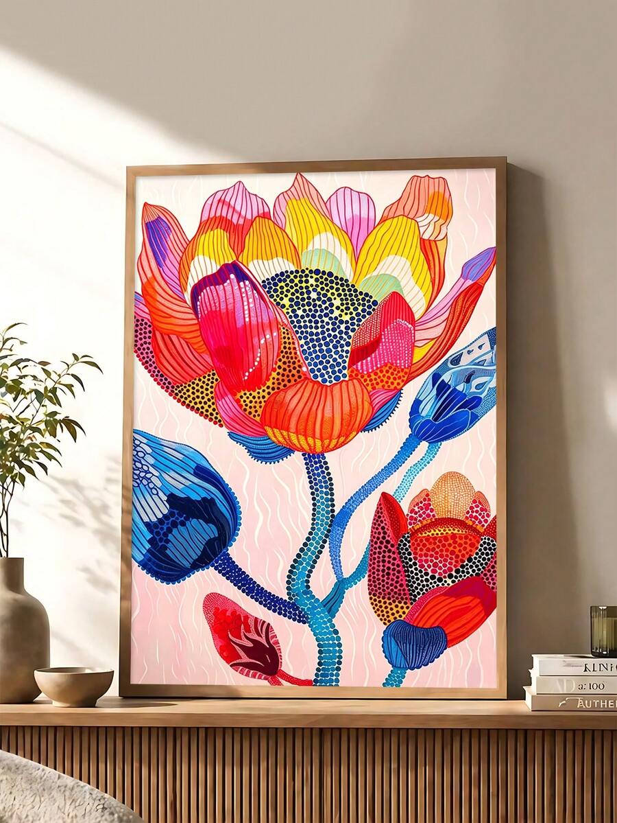 Abstract flower poster with folk floral colors for maximalist living room decor