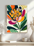 Poppy print poster styled on shelf with natural wood frame and bright modern floral art
