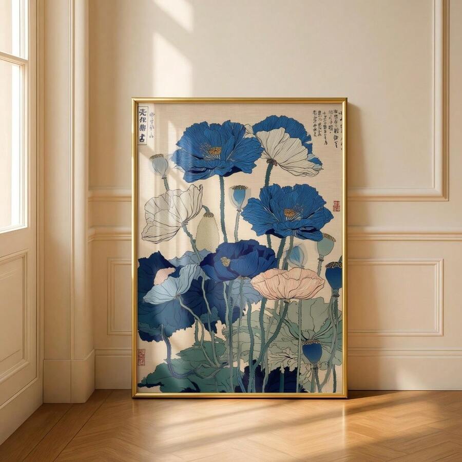 Ukiyo-e botanical wall art framed option with blue poppy style flowers
