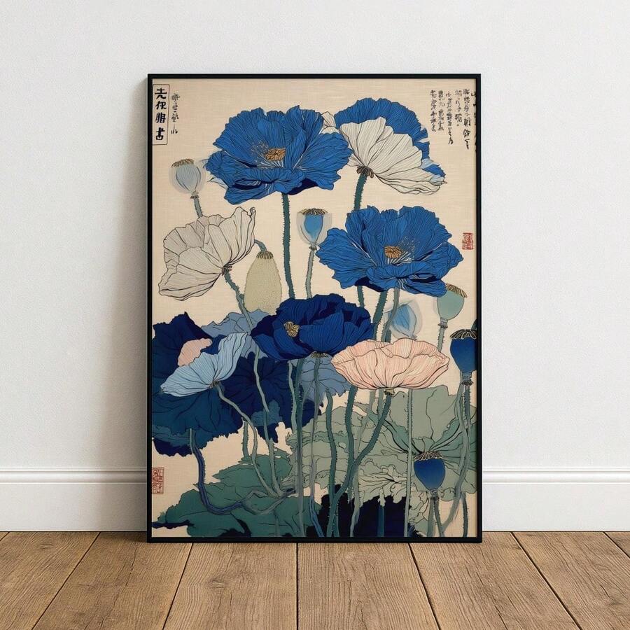 Framed floral art canvas showing minimalist Japanese floral composition