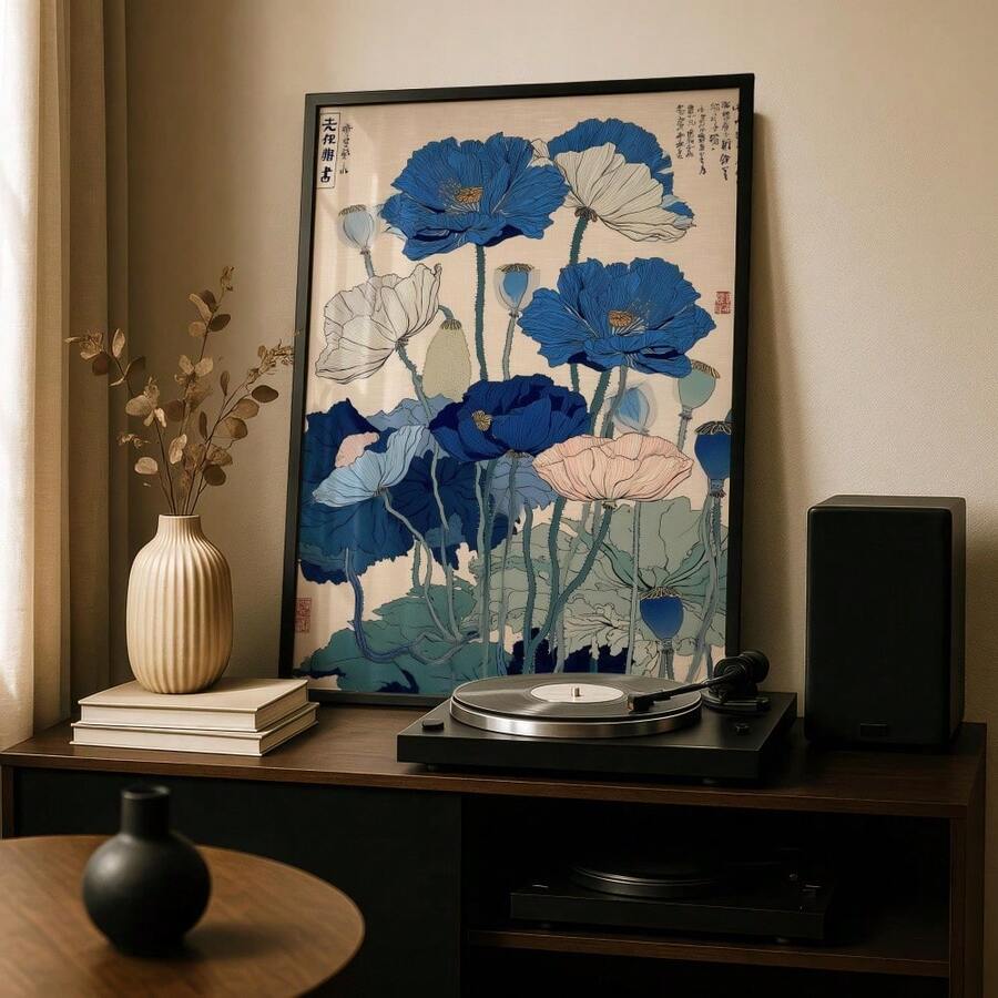Blue lotus print with cobalt blue flowers leaves buds and Asian calligraphy