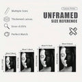Size guide for unframed black and white woman portrait canvas poster from 20 by 30 to 50 by 70 centimeters