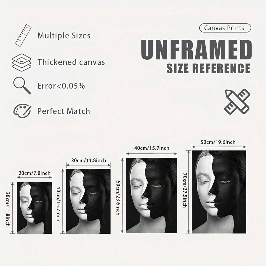 Size guide for unframed black and white woman portrait canvas poster from 20 by 30 to 50 by 70 centimeters