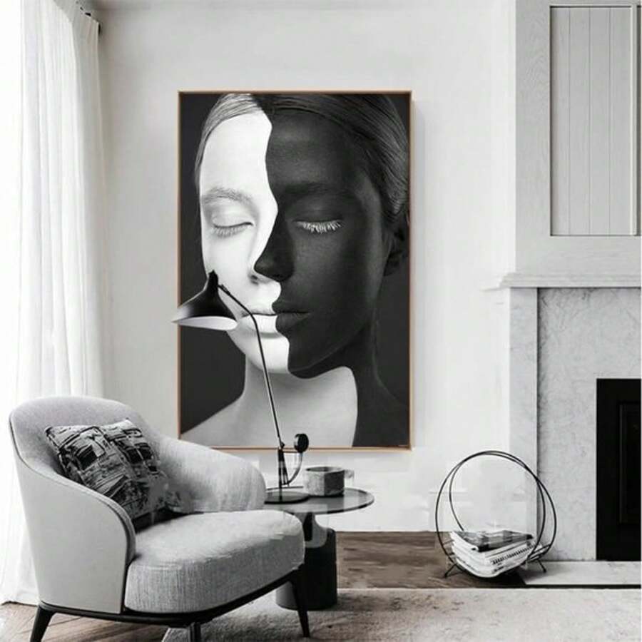 Large split-face woman portrait wall art displayed beside a fireplace and armchair