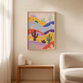 Playful desert canvas with coral yellow lavender and teal southwest scenery