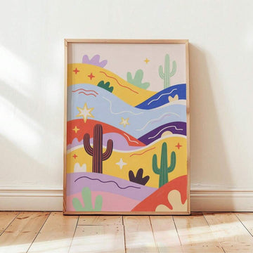 Colorful boho desert poster with rolling hills saguaro cacti stars and abstract waves