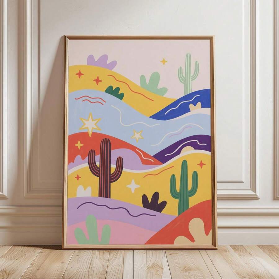 Colorful boho desert poster with rolling hills saguaro cacti stars and abstract waves