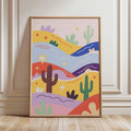 Retro southwest landscape wall art with pastel dunes cactus silhouettes and folk shapes