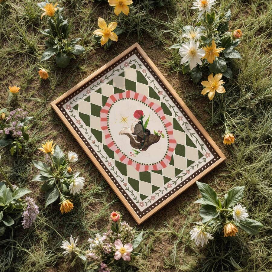 room mockup view of Whimsical woodland canvas wall art showing a cute skunk holding a red flower with golden star, floral vines and vintage harlequin pattern.