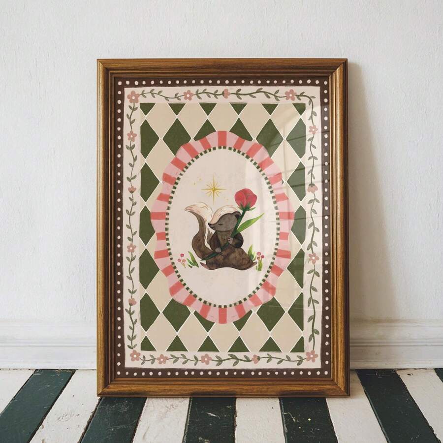 front framed view of Whimsical woodland canvas wall art showing a cute skunk holding a red flower with golden star, floral vines and vintage harlequin pattern.