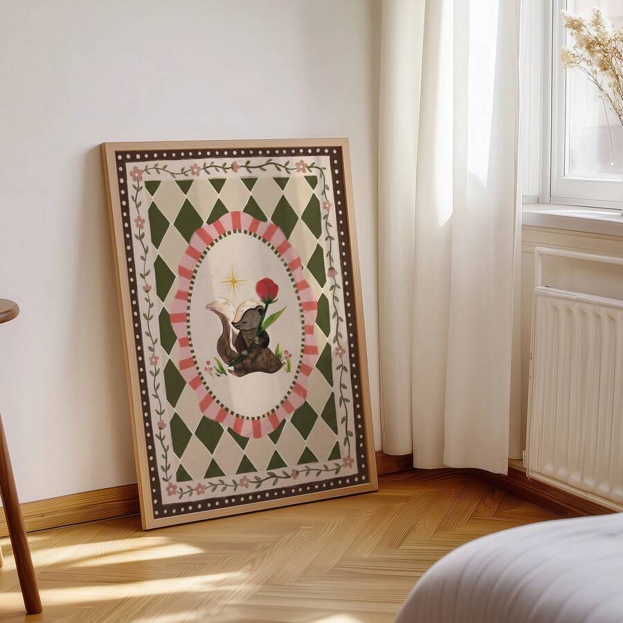 frame option view of Whimsical woodland canvas wall art showing a cute skunk holding a red flower with golden star, floral vines and vintage harlequin pattern.