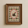 canvas option view of Whimsical woodland canvas wall art showing a cute skunk holding a red flower with golden star, floral vines and vintage harlequin pattern.